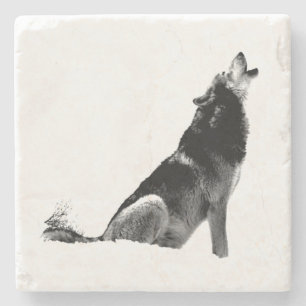 Black White Howling Wolf Stone Coaster