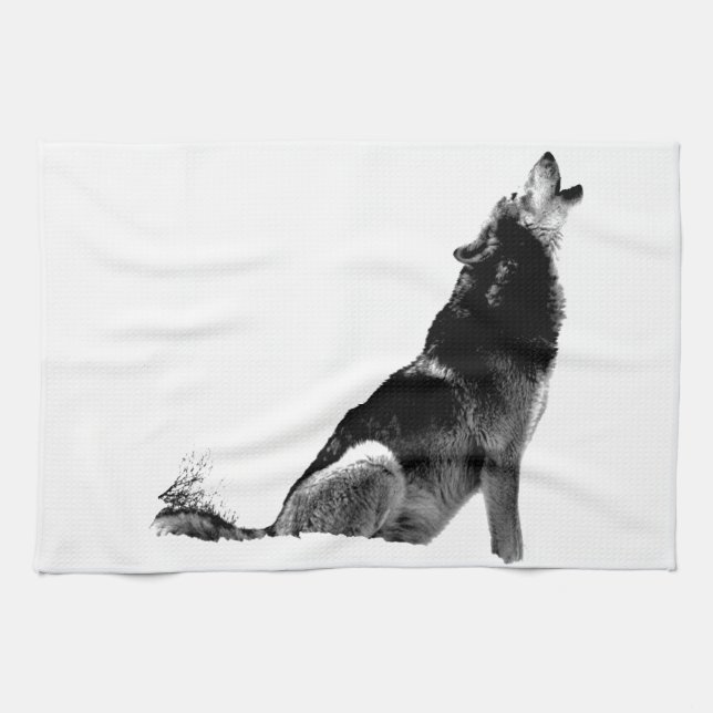 Black White Howling Wolf Tea Towel (Horizontal)