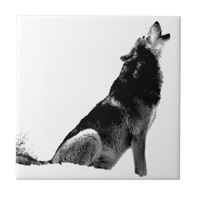 Black White Howling Wolf Tile (Front)