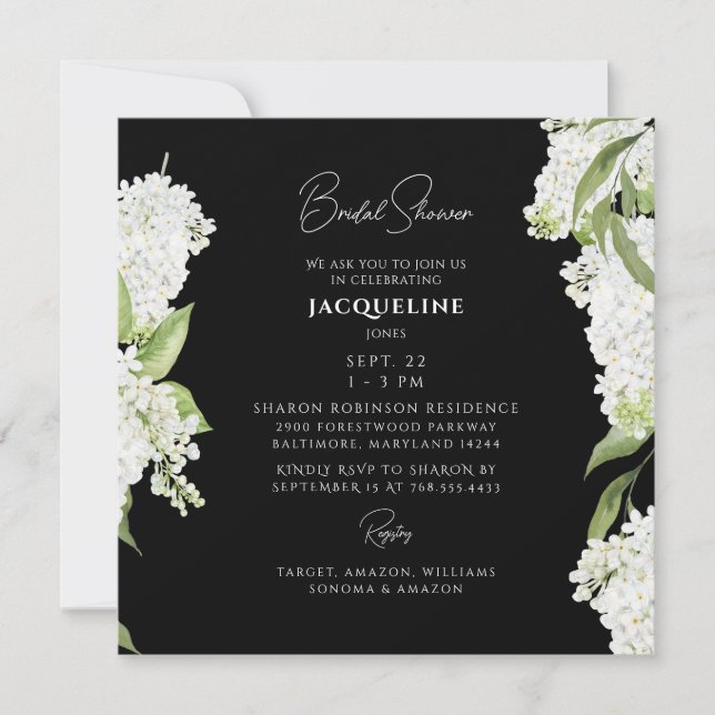 Black White Hydrangea Square Bridal Shower Invitation (Front)