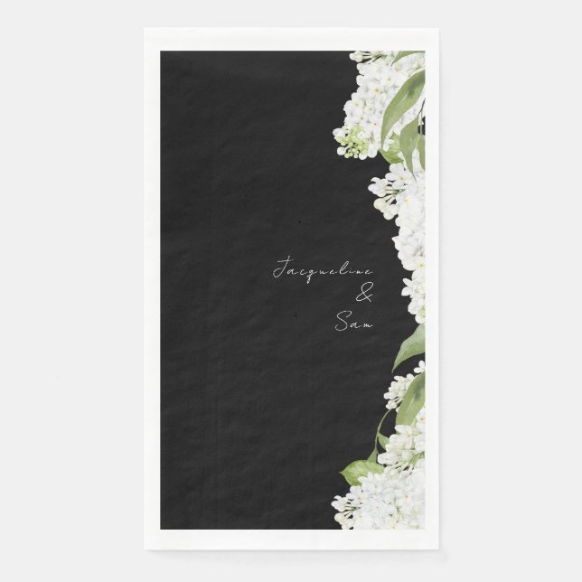 Black White Hydrangeas Wedding Script Napkin (Front)