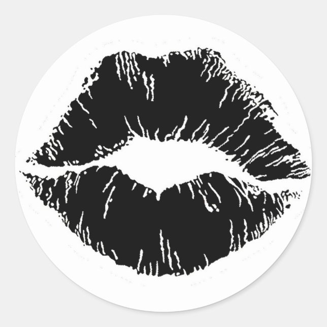 BLACK WHITE ICON KISS LIPS SMILE WOMEN MAKEUP CLASSIC ROUND STICKER (Front)