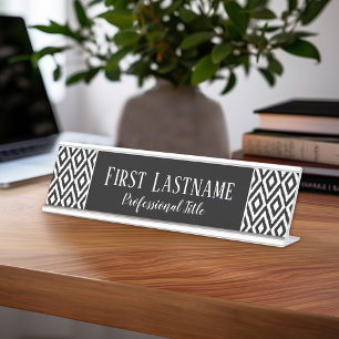 Black & White Ikat Pattern with Script Name Desk Name Plate