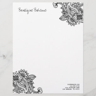 Black & White Illustrated Bohemian Paisley Henna Letterhead Template