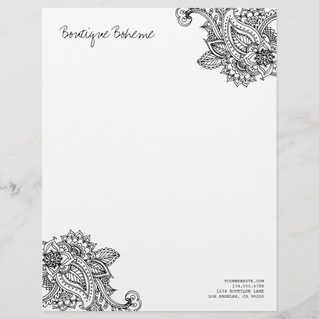Black & White Illustrated Bohemian Paisley Henna Letterhead Template (Front)