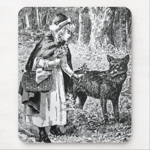 Black White Illustration Red Riding Hood Wolf Mouse Mat