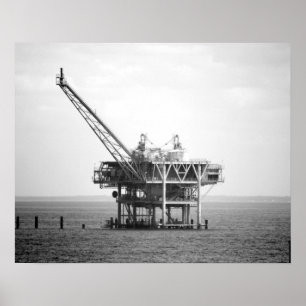 Black & White Industrial Rig in the Gulf 16x20  Poster
