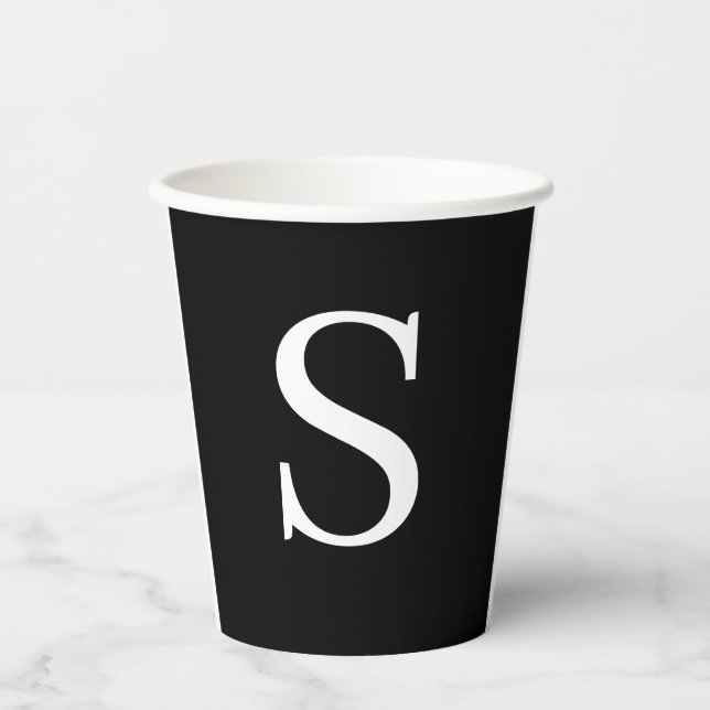 Black & White Initial Letter Monogrammed Plain Paper Cups (Front)
