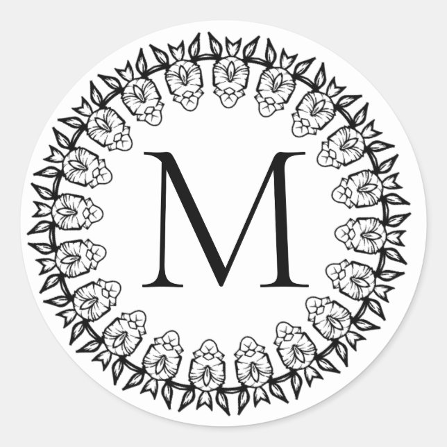 Black White Initial Monogram Mandala Sticker Seal (Front)