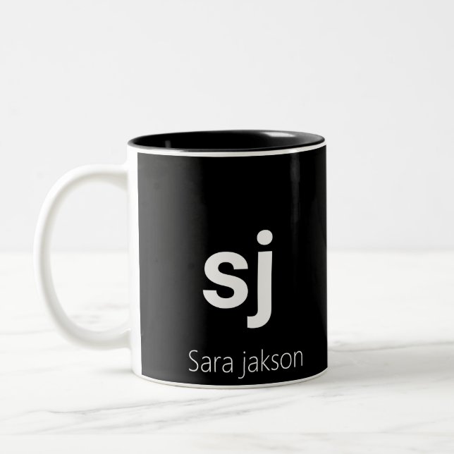Black & White Initial Name Modern Minimal Monogram Two-Tone Coffee Mug (Left)