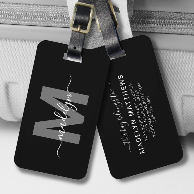 Black White Initial Name Monogram Luggage Tag (Modern Black White Initial Name Monogram Luggage Tag )