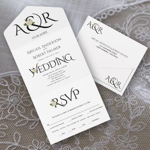 Black white initials and ampersand, rose wedding all in one invitation