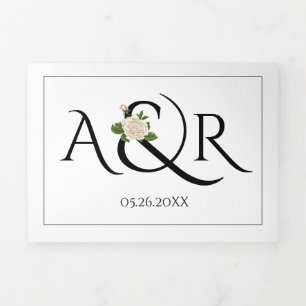 Black, white initials and ampersand, rose wedding Tri-Fold invitation