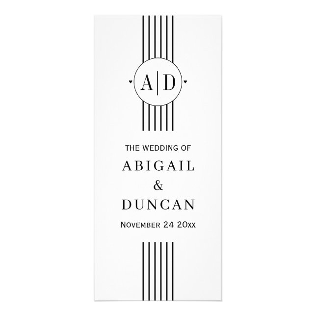 Black, white initials and stripes wedding program rack card (Front)
