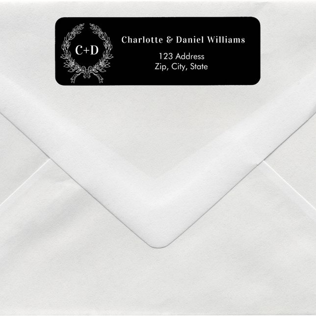 Black white initials wreath wedding return address (Creator Uploaded)