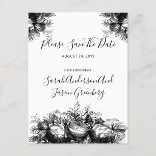 Black White Ink Floral Wedding Save The Date Announcement Postcard