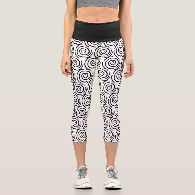 Black & White Ink Spiral Pattern Capri Leggings (Front)