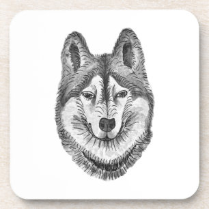 Black & White Ink & Watercolor Siberian Husky Coaster