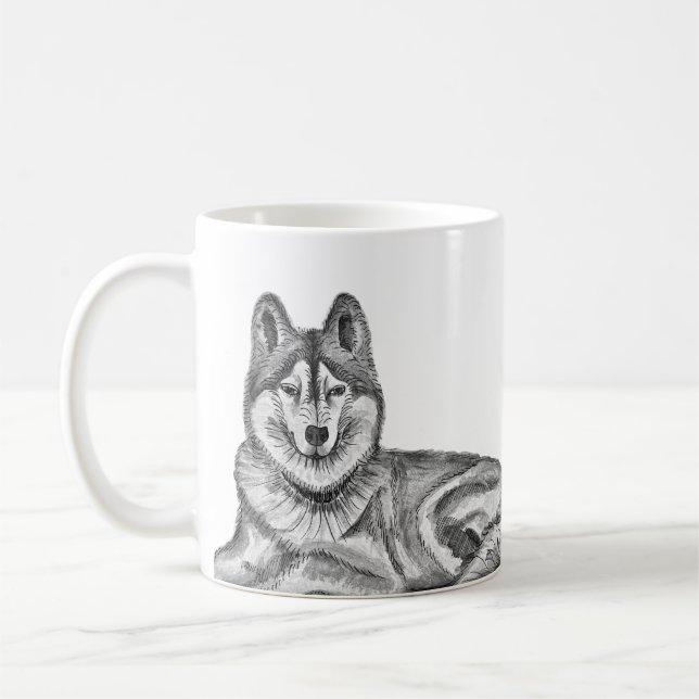 Black & White Ink & Watercolor Siberian Husky Coffee Mug (Left)