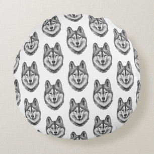 Black & White Ink & Watercolor Siberian Husky Round Cushion