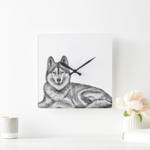 Black & White Ink & Watercolor Siberian Husky Square Wall Clock