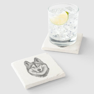 Black & White Ink & Watercolor Siberian Husky Stone Coaster