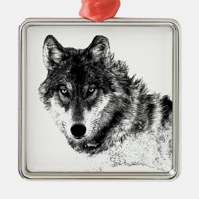 Black White Inspirational Wolf Eyes Metal Tree Decoration (Front)