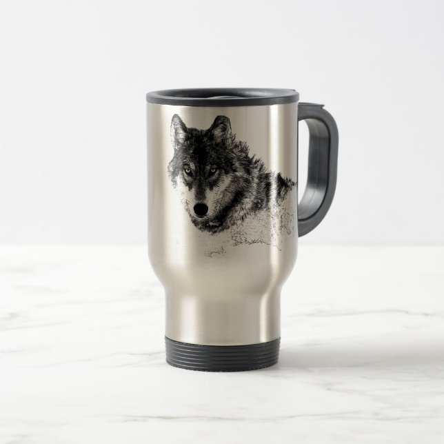 Black White Inspirational Wolf Eyes Travel Mug (Front Right)