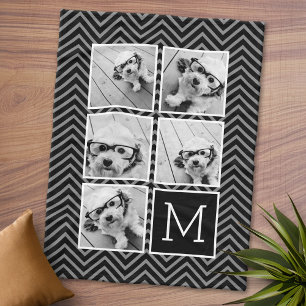 Black White Instagram 5 Photo Collage Monogram Fleece Blanket