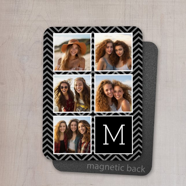 Black White Instagram 5 Photo Collage Monogram Magnet (Personalized magnet with photo collage and text)
