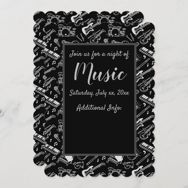 Black & White Instruments Pattern Invitation (Front/Back)