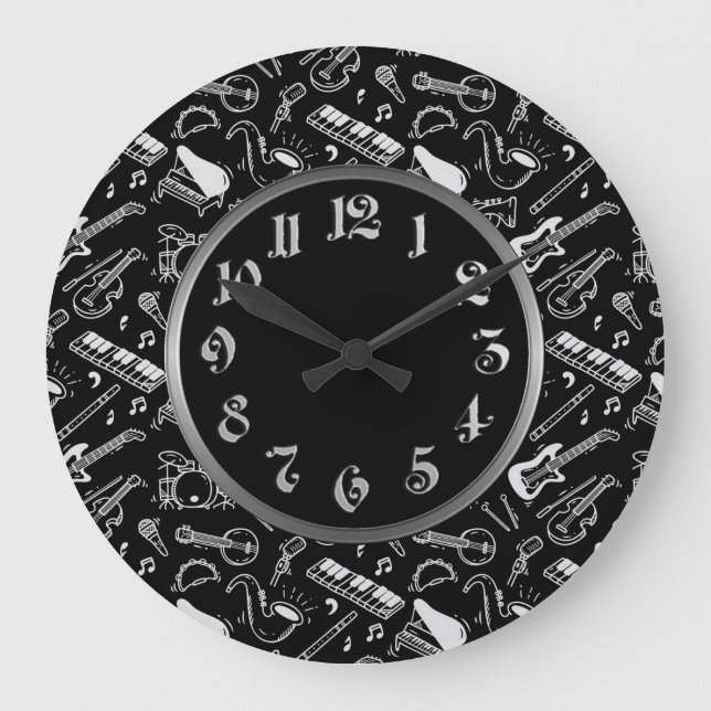 Black & White Instruments Pattern Large Clock (Front)