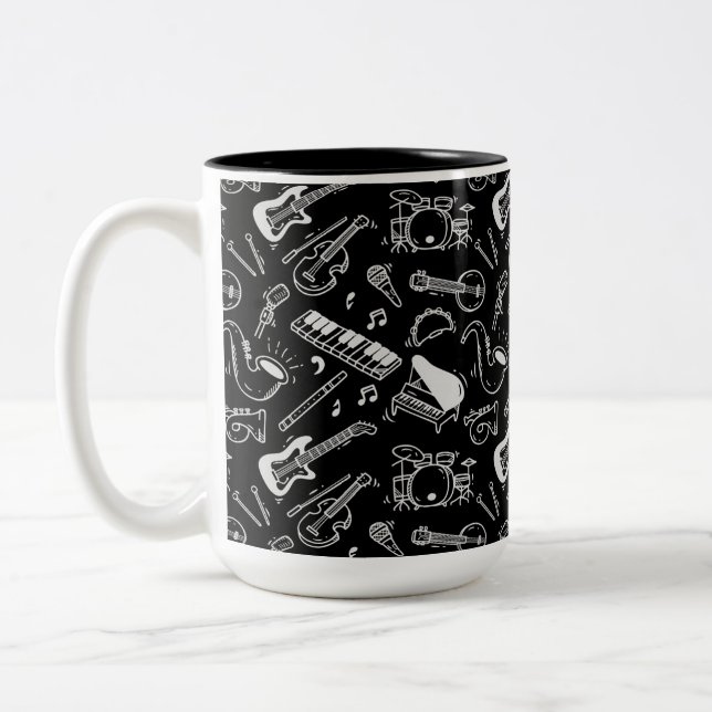 Black & White Instruments Pattern Two-Tone Coffee Mug (Left)