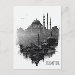 Black & White Istanbul City Skyline Silhouette Postcard