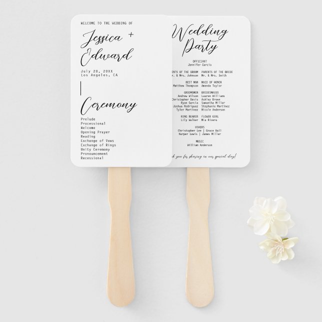 Black White Itinerary Wedding Ceremony Program Hand Fan