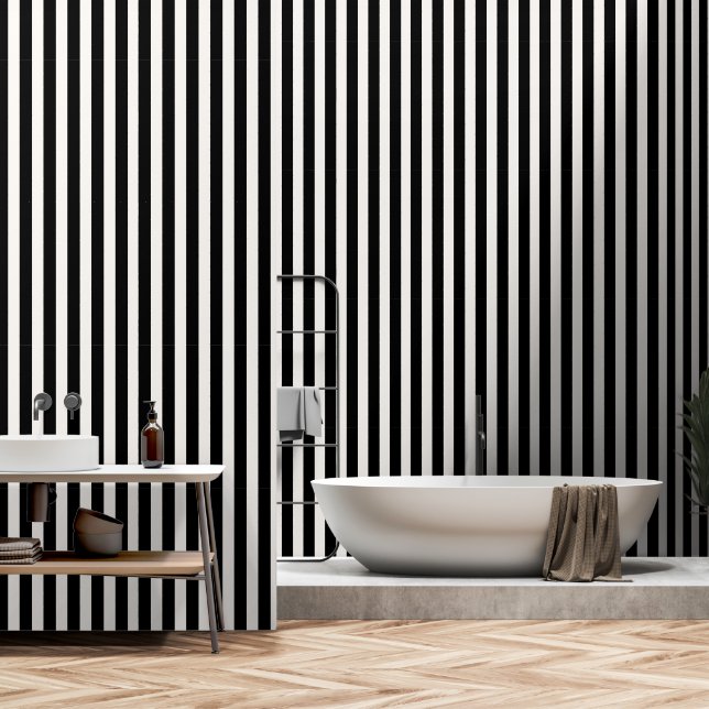 Black White Ivory Stripes Minimalist Wallpaper (Bathroom)