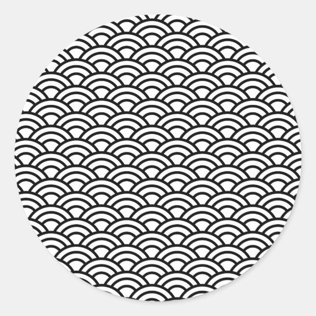 Black & White Japanese Fish Scale Circle Geometric Classic Round Sticker (Front)