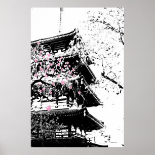 Black/White Japanese Pagoda w/ Cherry Blossoms Art Poster