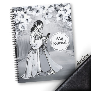 Black White Japanese Woman Cherry Blossom Notebook