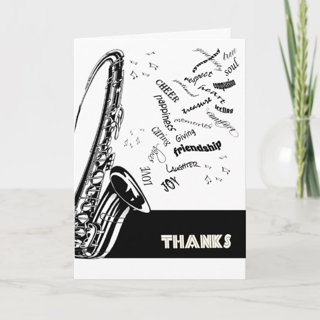 Black White Jazz Saxophone Thank You Card (Front)