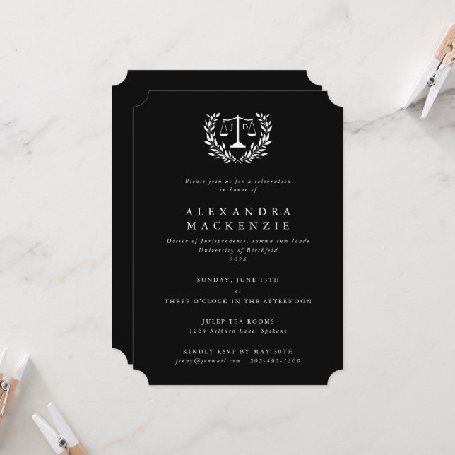 Black+White JD Law Scales Laurel Wreath Party Invi Invitation (Front/Back In Situ)