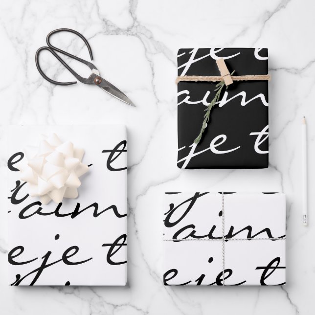 Black & White Je t’aime I Love You In French Wrapping Paper Sheet (Front)