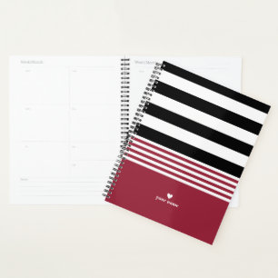 Black, White & Jester Red Striped Personalised Planner