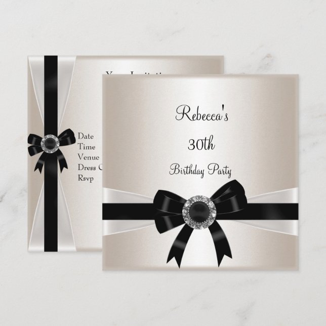 Black White Jewel Bow 30th  Birthday Silver Sepia Invitation (Front/Back)