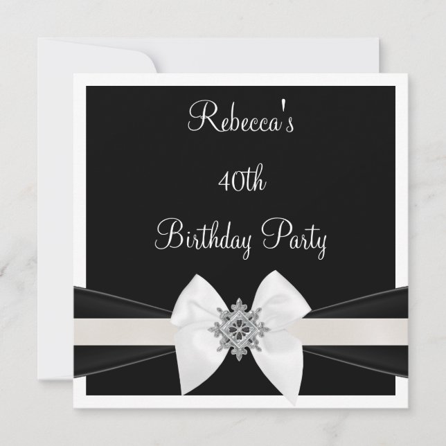 Black White Jewel Bow 40th Elegant Birthday Party Invitation (Front)