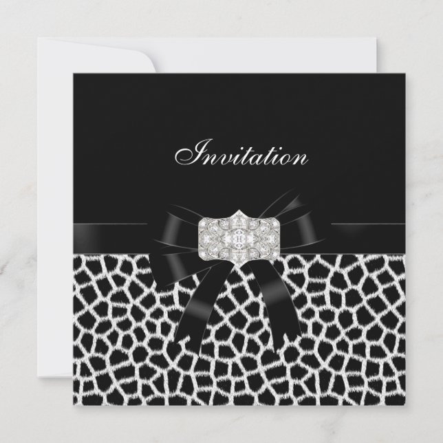 Black White Jewel Bow Invitation Animal Print (Front)