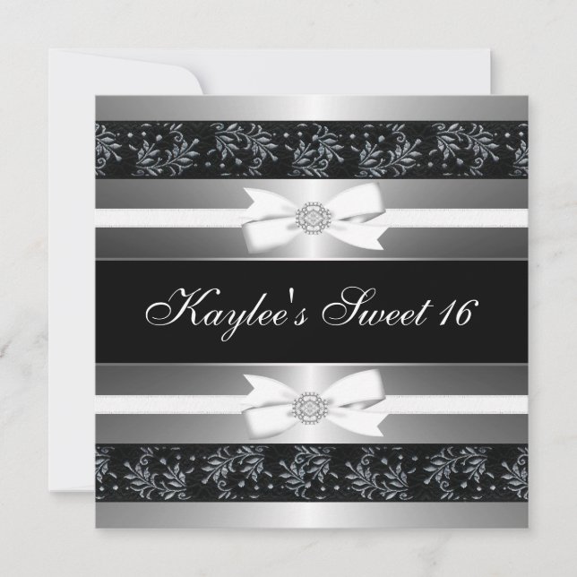 Black White Jewel Bows Sweet Sixteen Birthday Invitation (Front)