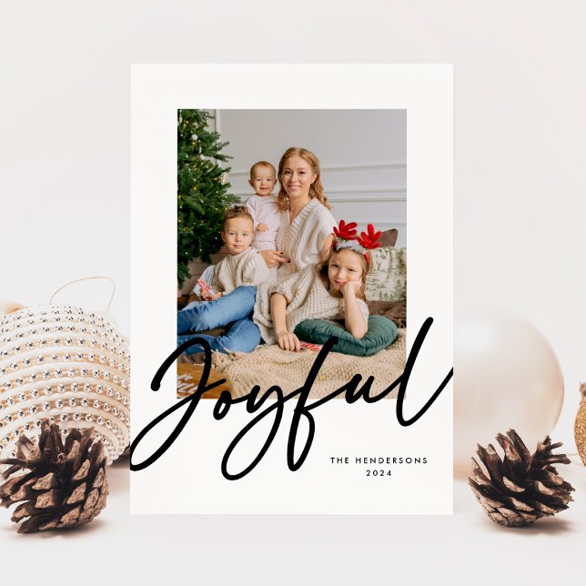 Black White Joyful Script Photo  Holiday Card (Creator Uploaded)