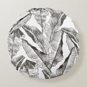 Black White Jungle: Tropical Plant Pattern Round Cushion