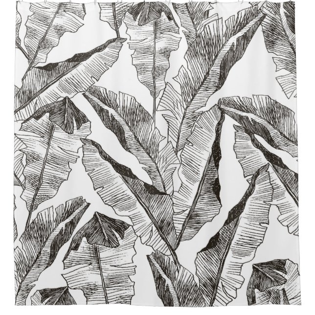 Black White Jungle: Tropical Plant Pattern Shower Curtain (Front)